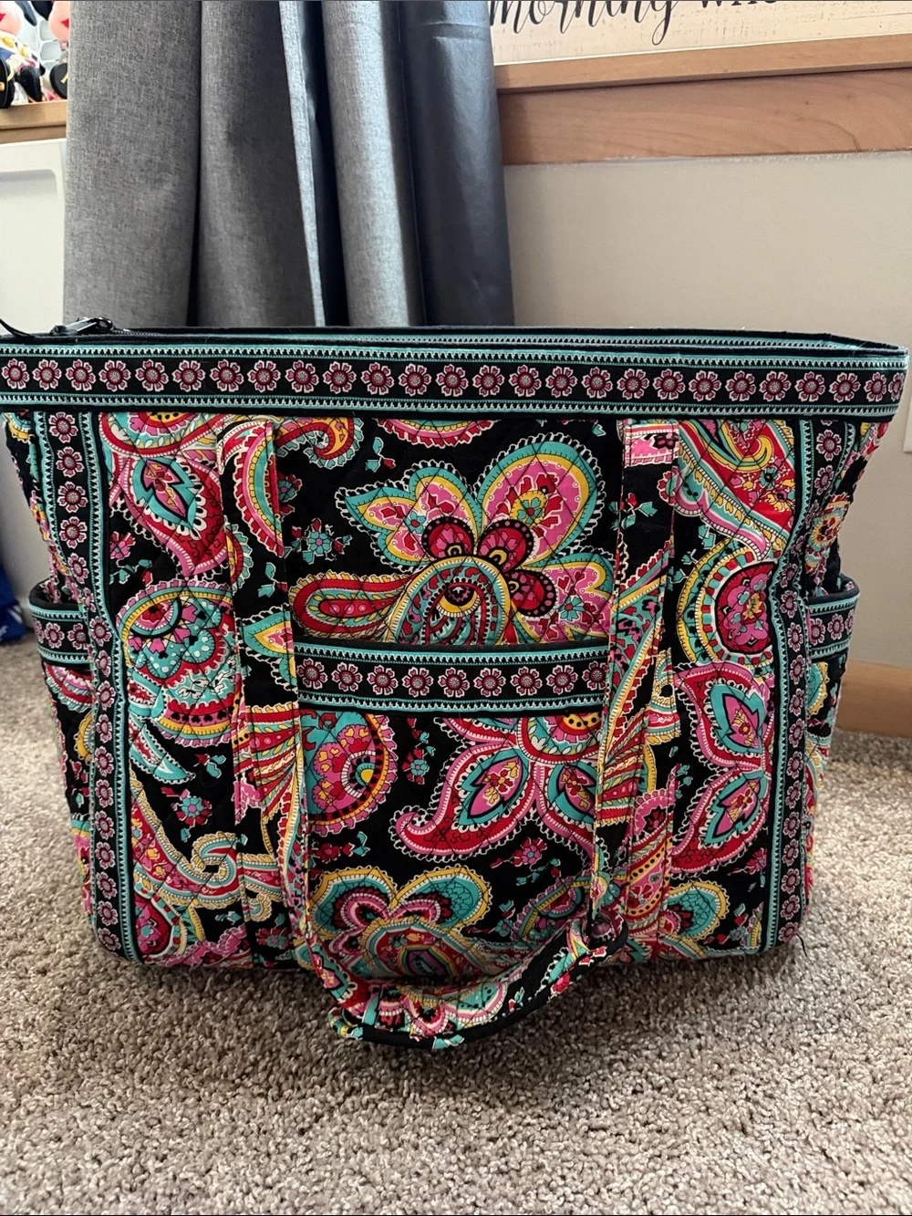 Vera Bradley XL Carry On Paisley Tote Bag in Black with Pink & Teal Accents - Picture 1 of 8